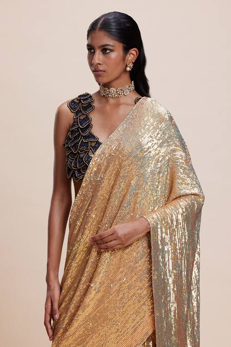 Shop_Kangana Trehan_Black Crepe, Georgette Cut Work, Sequins Gold Embellished Pre-draped Saree _Online_at_Aza_Fashions