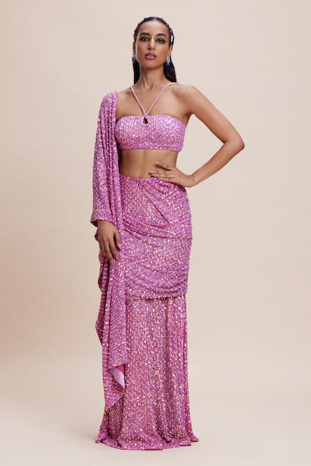 Kangana Trehan Pink Pure Georgette Embellished Sequin Detailed Pre-draped Saree With Blouse 