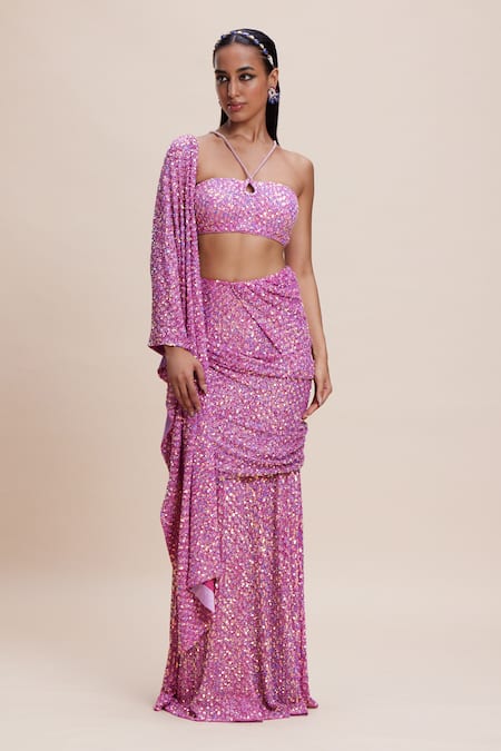 Kangana Trehan Embellished Pink Pre-Draped Saree Set 