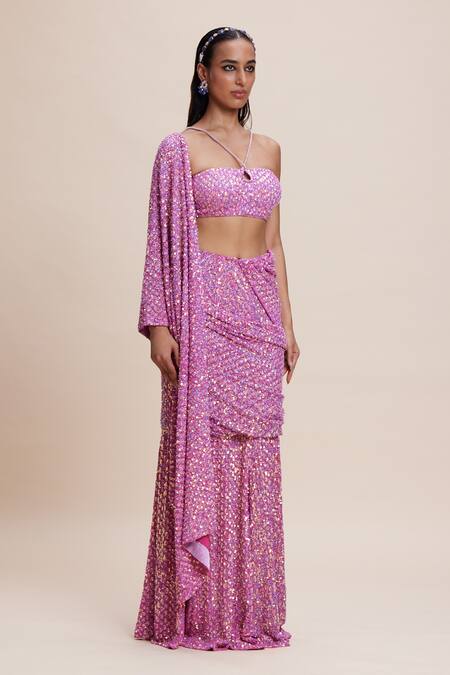 Kangana Trehan_Pink Crepe, Georgette Sequins, Beads Halter Embellished Pre-draped Saree Set _Online_at_Aza_Fashions