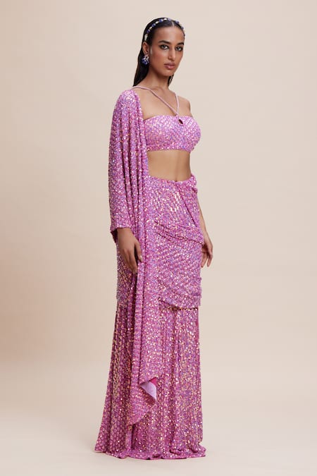 Buy_Kangana Trehan_Pink Crepe, Georgette Sequins, Beads Halter Embellished Pre-draped Saree Set _Online_at_Aza_Fashions