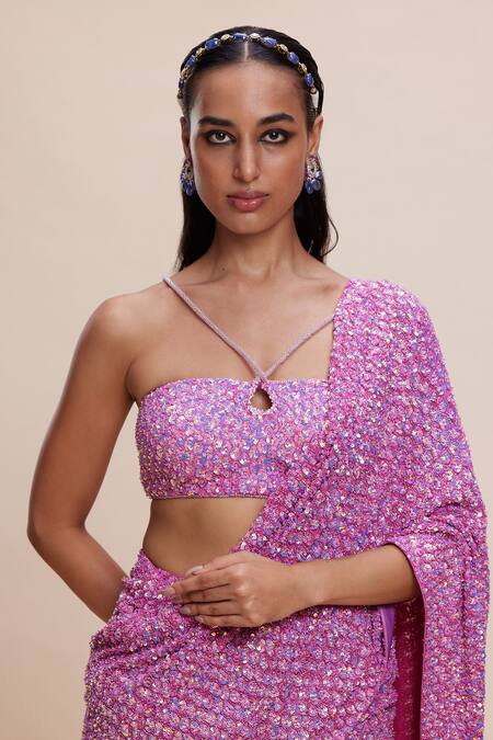 Shop_Kangana Trehan_Pink Crepe, Georgette Sequins, Beads Halter Embellished Pre-draped Saree Set _Online_at_Aza_Fashions