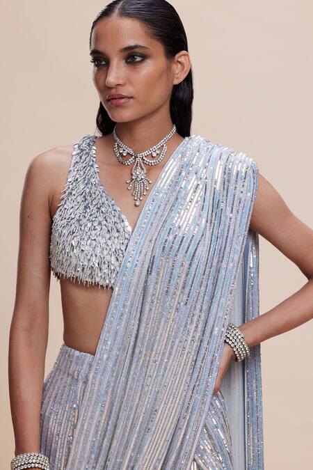 Buy_Kangana Trehan_Blue Crepe, Georgette Sequins, Tassels Embellished Pre-draped Saree And Blouse _Online_at_Aza_Fashions