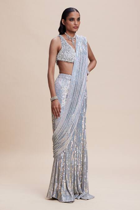 Shop_Kangana Trehan_Blue Crepe, Georgette Sequins, Tassels Embellished Pre-draped Saree And Blouse _Online_at_Aza_Fashions