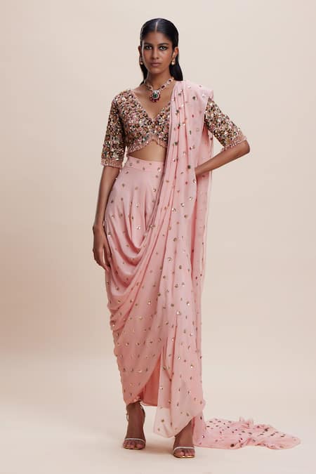 Kangana Trehan Pink Pure Georgette Embellished Floral V Neck Pre-draped Saree With Blouse 