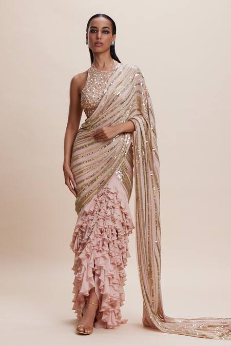 Kangana Trehan_Pink Crepe, Georgette Sequins Halter Neck Embellished Ruffle Pre-draped Saree _Online_at_Aza_Fashions
