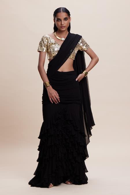 Kangana Trehan Black Ruffled Pre-Draped Saree With Blouse 