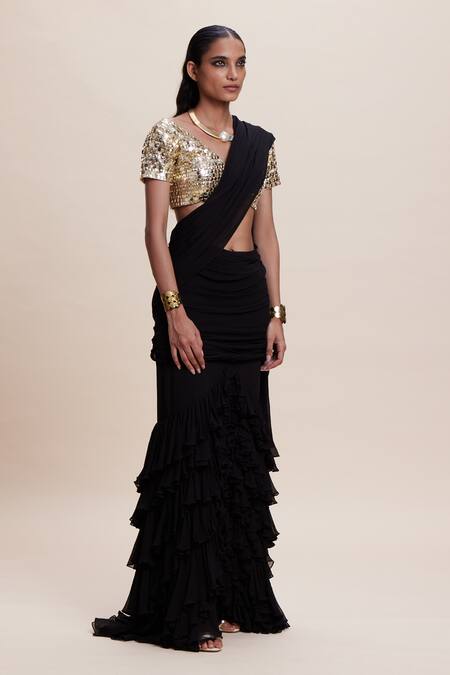 Kangana Trehan_Gold Crepe, Georgette Sequins, Ruffles Black Pre-draped Saree With Blouse _Online_at_Aza_Fashions