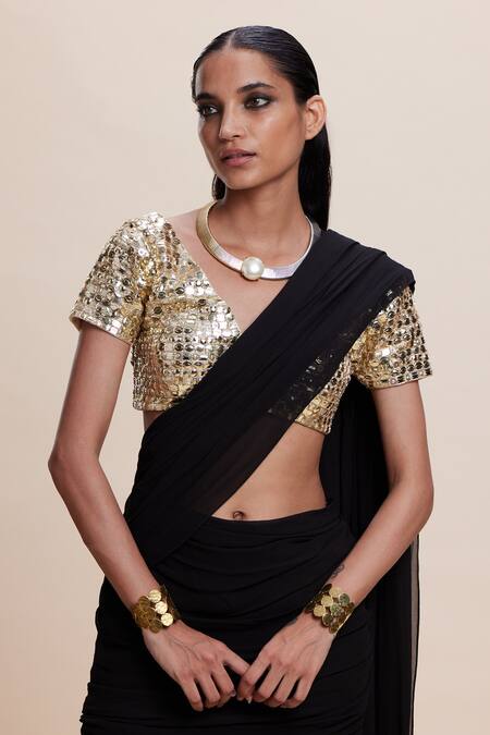Buy_Kangana Trehan_Gold Crepe, Georgette Sequins, Ruffles Black Pre-draped Saree With Blouse _Online_at_Aza_Fashions