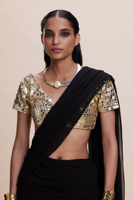 Shop_Kangana Trehan_Gold Crepe, Georgette Sequins, Ruffles Black Pre-draped Saree With Blouse _Online_at_Aza_Fashions