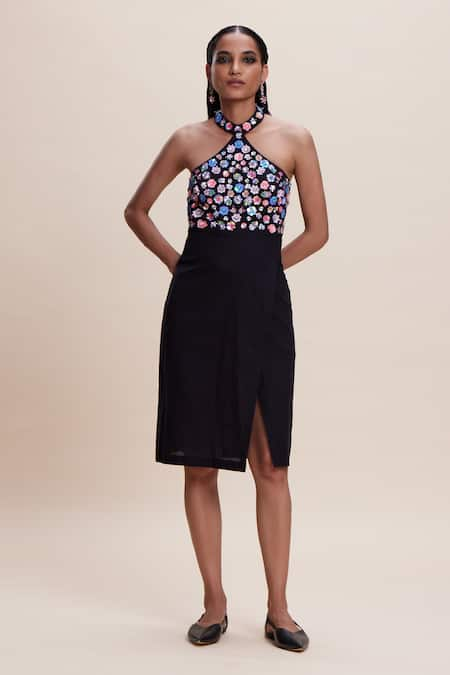 Kangana Trehan Black Linen Cotton Embellished Floral Halter Sequin Yoke Dress 