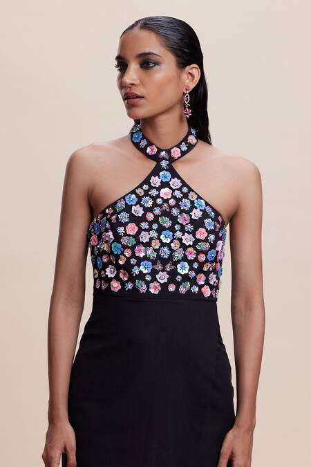 Kangana Trehan_Black Linen, Cotton Sequins, Embroidery Halter Neck Floral Embellished Dress _Online_at_Aza_Fashions