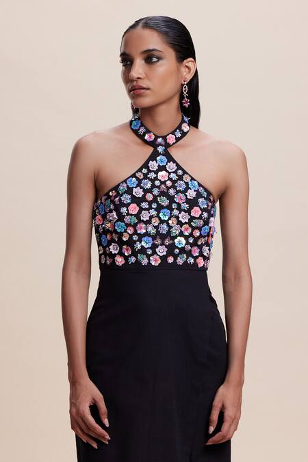Buy_Kangana Trehan_Black Linen, Cotton Sequins, Embroidery Halter Neck Floral Embellished Dress _Online_at_Aza_Fashions