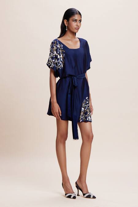 Kangana Trehan Blue Silk Sequins, Tassels Square Neck Midnight Placement Embellished Dress Online at Aza Fashions Kangana Trehan_Blue Silk Sequins, Tassels Square Neck Midnight Placement Embellished Dress _Online_at_Aza_Fashions