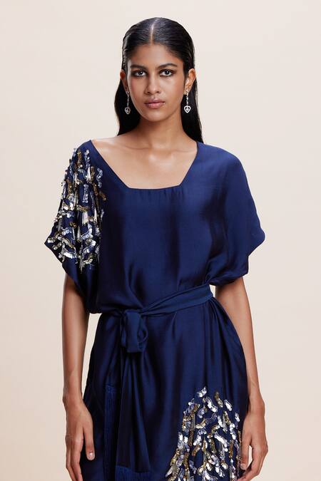 Buy Kangana Trehan Blue Silk Sequins, Tassels Square Neck Midnight Placement Embellished Dress Online at Aza Fashions Buy_Kangana Trehan_Blue Silk Sequins, Tassels Square Neck Midnight Placement Embellished Dress _Online_at_Aza_Fashions