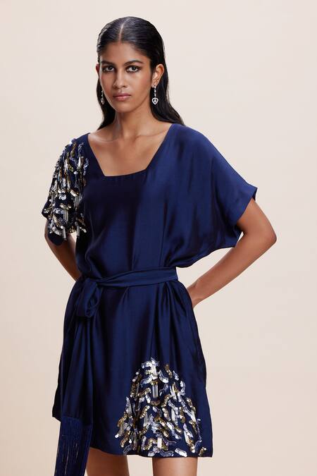 Shop Kangana Trehan Blue Silk Sequins, Tassels Square Neck Midnight Placement Embellished Dress Online at Aza Fashions Shop_Kangana Trehan_Blue Silk Sequins, Tassels Square Neck Midnight Placement Embellished Dress _Online_at_Aza_Fashions