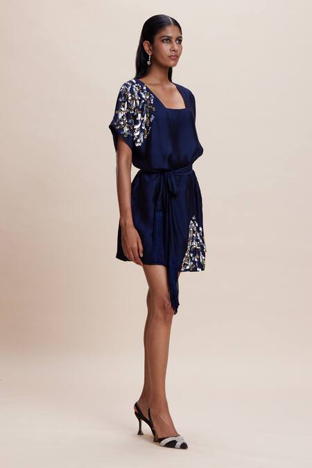 Kangana Trehan Blue Silk Sequins, Tassels Square Neck Midnight Placement Embellished Dress at Aza Fashions Kangana Trehan_Blue Silk Sequins, Tassels Square Neck Midnight Placement Embellished Dress _at_Aza_Fashions