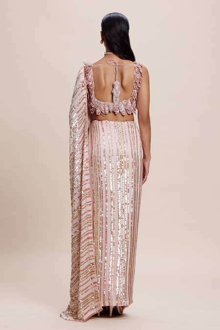 Kangana Trehan Peach Sequin Embellished Saree Set 