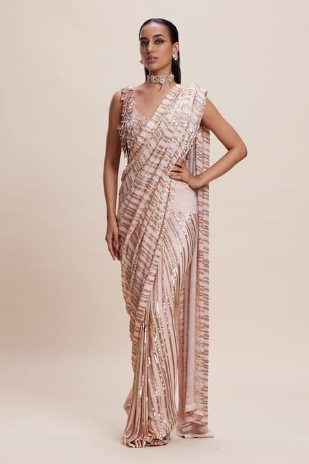 Kangana Trehan_Peach Georgette, Crepe Sequins, Fabric Flowers Asymmetric Embellished Saree Set _Online_at_Aza_Fashions