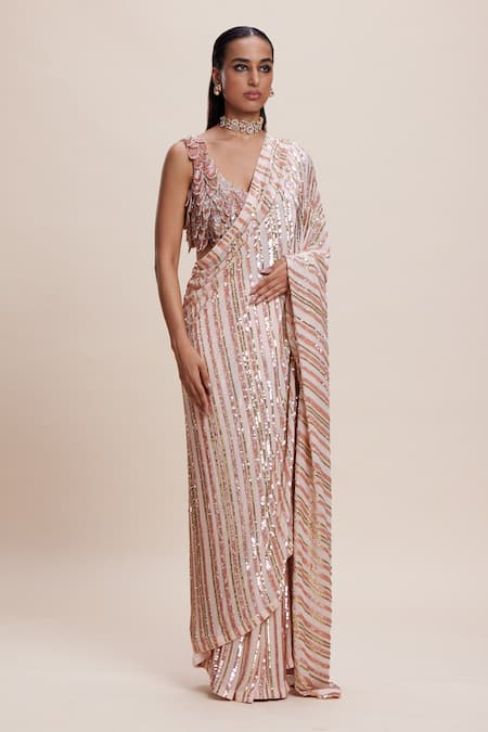 Buy_Kangana Trehan_Peach Georgette, Crepe Sequins, Fabric Flowers Asymmetric Embellished Saree Set _Online_at_Aza_Fashions