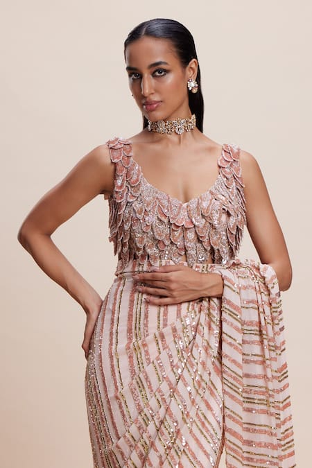 Shop_Kangana Trehan_Peach Georgette, Crepe Sequins, Fabric Flowers Asymmetric Embellished Saree Set _Online_at_Aza_Fashions