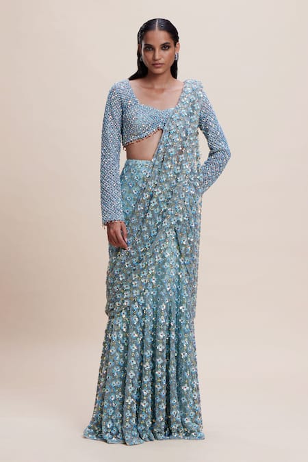 Kangana Trehan Blue Net 100% Crepe Embellished Sequin 3d Floral Pre-draped Saree With Blouse 