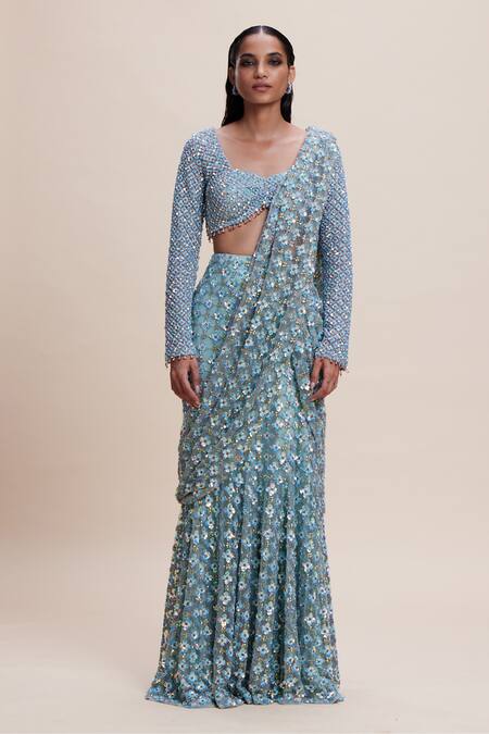 Kangana Trehan Blue Net, Crepe Embroidery, Sequins, 3d Floral Embellished Pre-draped Saree Online at Aza Fashions Kangana Trehan_Blue Net, Crepe Embroidery, Sequins, 3d Floral Embellished Pre-draped Saree _Online_at_Aza_Fashions