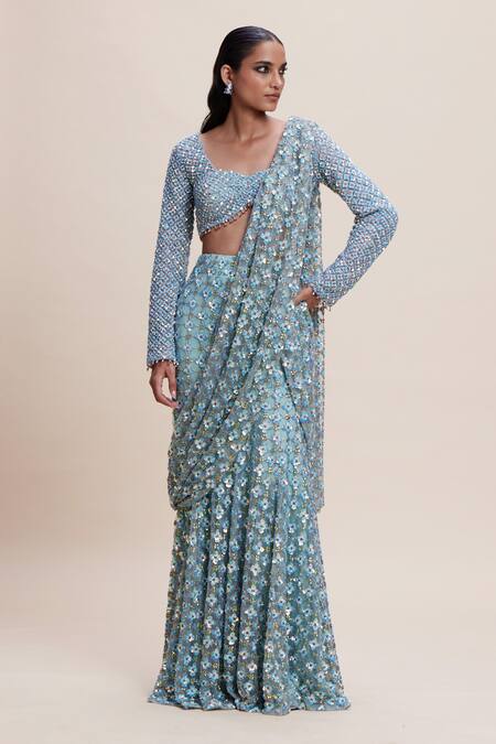 Buy Kangana Trehan Blue Net, Crepe Embroidery, Sequins, 3d Floral Embellished Pre-draped Saree Online at Aza Fashions Buy_Kangana Trehan_Blue Net, Crepe Embroidery, Sequins, 3d Floral Embellished Pre-draped Saree _Online_at_Aza_Fashions