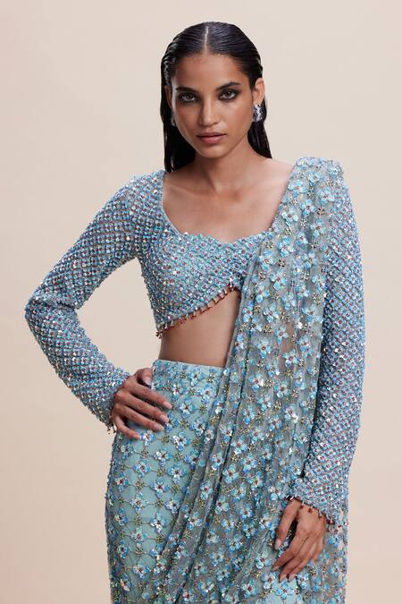 Shop Kangana Trehan Blue Net, Crepe Embroidery, Sequins, 3d Floral Embellished Pre-draped Saree Online at Aza Fashions Shop_Kangana Trehan_Blue Net, Crepe Embroidery, Sequins, 3d Floral Embellished Pre-draped Saree _Online_at_Aza_Fashions