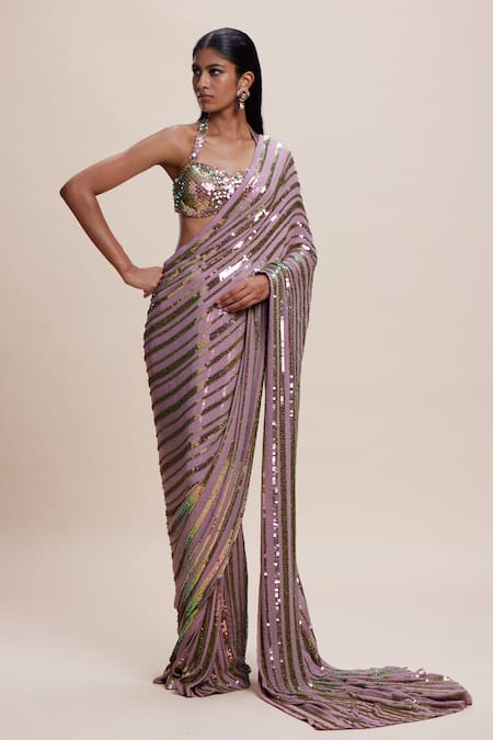 Kangana Trehan_Pink Crepe, Georgette, Cotton Sequins, Beads Sweetheart Embellished Saree Set _Online_at_Aza_Fashions