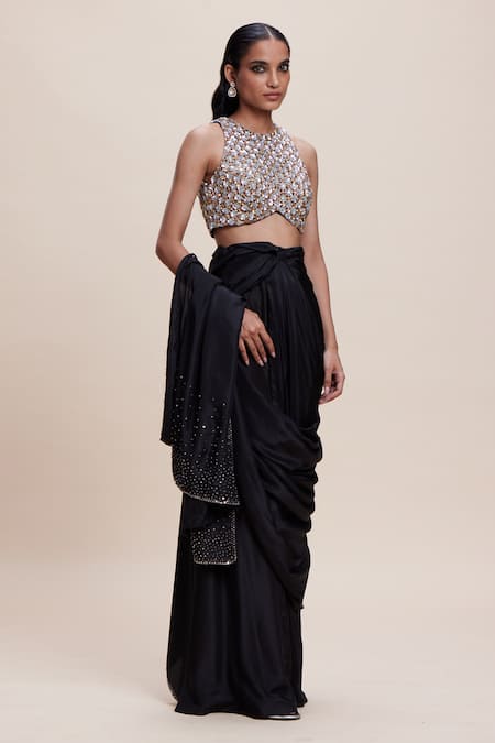 Kangana Trehan Black 100% Silk Embellished Scattered Sequin Pre-draped Saree With Blouse 