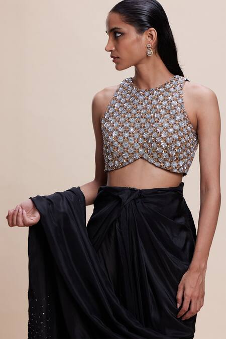Buy_Kangana Trehan_Black Crepe, Silk Sequins Round Neck Embellished Pre-draped Saree And Blouse Set _Online_at_Aza_Fashions