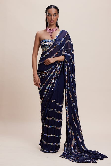 Kangana Trehan Midnight Blue 3D Embellished Saree Set 