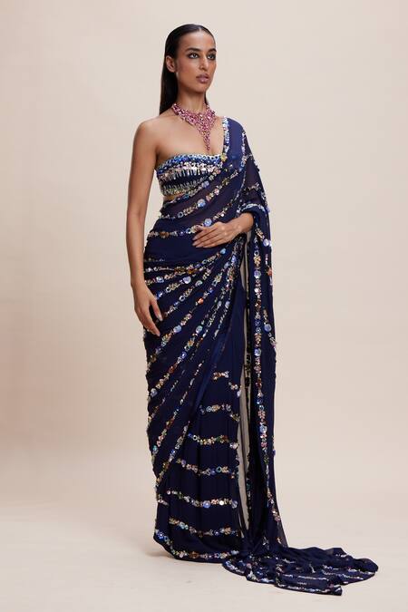 Kangana Trehan Blue Georgette, Crepe Sequins, Embroidery Midnight 3d Embellished Saree Set Online at Aza Fashions Kangana Trehan_Blue Georgette, Crepe Sequins, Embroidery Midnight 3d Embellished Saree Set _Online_at_Aza_Fashions