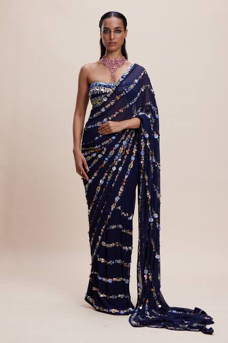 Buy Kangana Trehan Blue Georgette, Crepe Sequins, Embroidery Midnight 3d Embellished Saree Set Online at Aza Fashions Buy_Kangana Trehan_Blue Georgette, Crepe Sequins, Embroidery Midnight 3d Embellished Saree Set _Online_at_Aza_Fashions