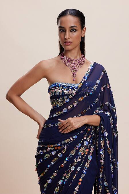 Shop Kangana Trehan Blue Georgette, Crepe Sequins, Embroidery Midnight 3d Embellished Saree Set Online at Aza Fashions Shop_Kangana Trehan_Blue Georgette, Crepe Sequins, Embroidery Midnight 3d Embellished Saree Set _Online_at_Aza_Fashions