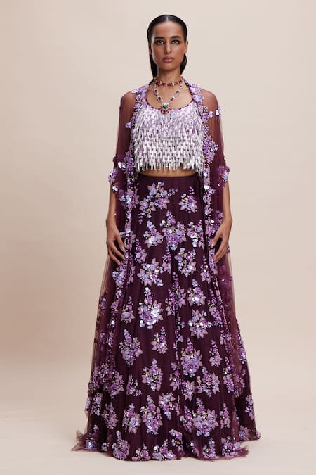 Kangana Trehan Purple Silk Embellished Floral Round Lehenga Set 