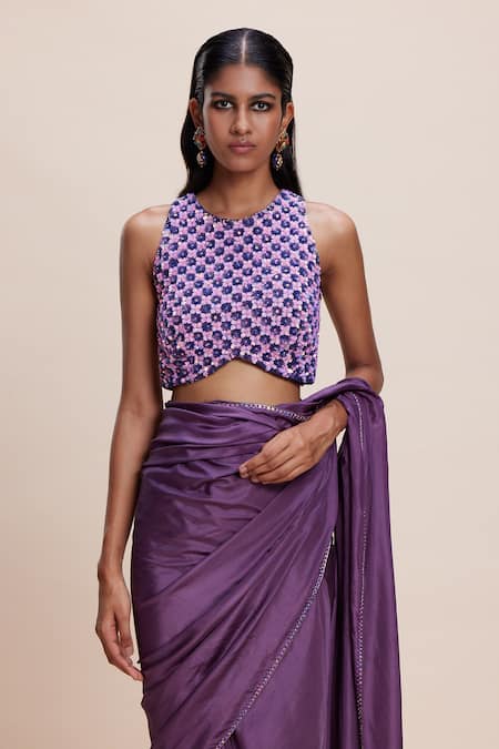 Kangana Trehan Purple Silk, Crepe Sequins, Embroidery Round Neck Floral Saree And Blouse Online at Aza Fashions Kangana Trehan_Purple Silk, Crepe Sequins, Embroidery Round Neck Floral Saree And Blouse _Online_at_Aza_Fashions