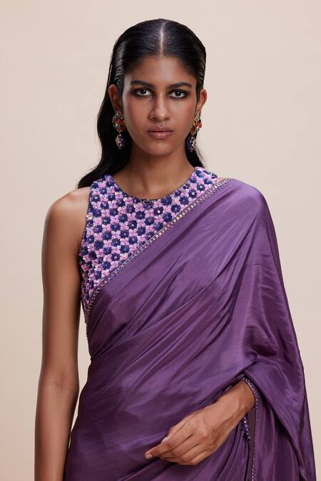 Buy Kangana Trehan Purple Silk, Crepe Sequins, Embroidery Round Neck Floral Saree And Blouse Online at Aza Fashions Buy_Kangana Trehan_Purple Silk, Crepe Sequins, Embroidery Round Neck Floral Saree And Blouse _Online_at_Aza_Fashions