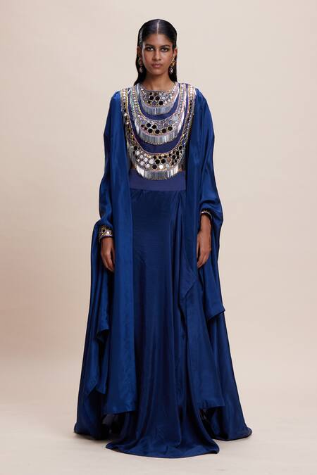 Kangana Trehan Asymmetric Draped Skirt Set With Cape 