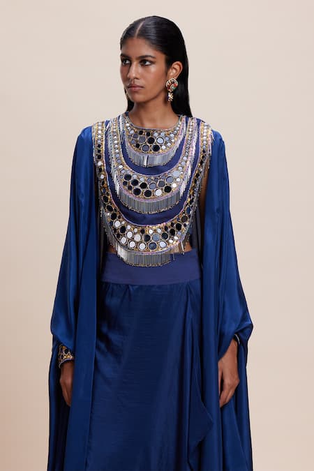Kangana Trehan_Blue Silk Mirrors, Sequins, Tassels Round Asymmetric Draped Skirt Set With Cape _Online_at_Aza_Fashions