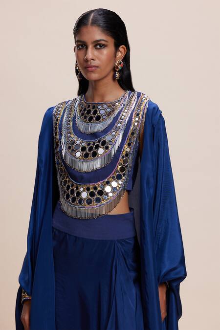 Buy_Kangana Trehan_Blue Silk Mirrors, Sequins, Tassels Round Asymmetric Draped Skirt Set With Cape _Online_at_Aza_Fashions