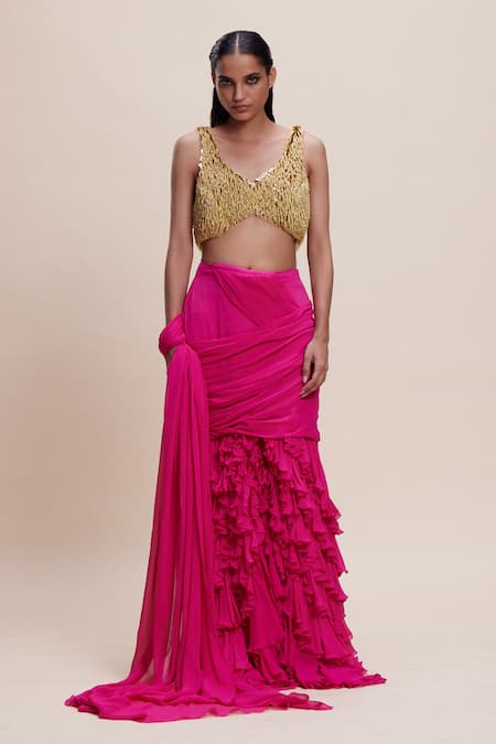 Kangana Trehan Pink Pure Georgette Embellished Ruffle Detailed Pre-draped Saree With Blouse 