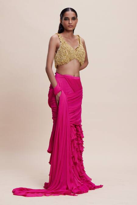 Kangana Trehan_Gold Crepe, Georgette Fringe, Ruffles Detailed Pink Pre-draped Saree Set _Online_at_Aza_Fashions