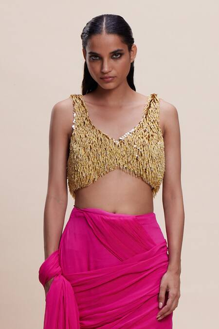 Buy_Kangana Trehan_Gold Crepe, Georgette Fringe, Ruffles Detailed Pink Pre-draped Saree Set _Online_at_Aza_Fashions