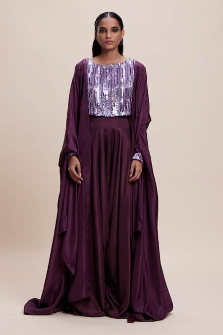 Kangana Trehan Wine Draped Dhoti Skirt Set With Cape 