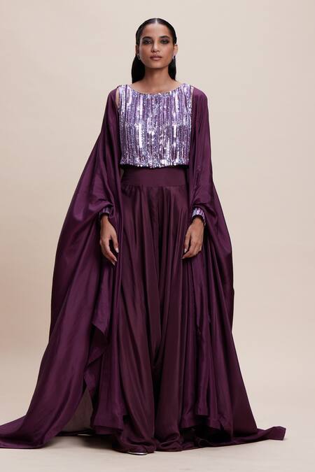 Kangana Trehan Wine Crepe, Silk Sequins Round Neck Draped Dhoti Skirt Set With Cape Online at Aza Fashions Kangana Trehan_Wine Crepe, Silk Sequins Round Neck Draped Dhoti Skirt Set With Cape _Online_at_Aza_Fashions