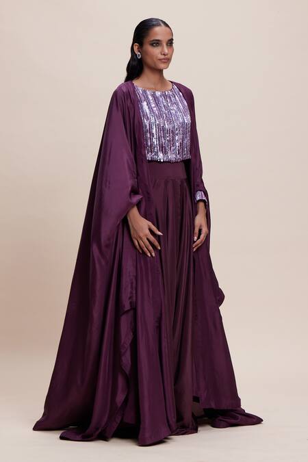Buy Kangana Trehan Wine Crepe, Silk Sequins Round Neck Draped Dhoti Skirt Set With Cape Online at Aza Fashions Buy_Kangana Trehan_Wine Crepe, Silk Sequins Round Neck Draped Dhoti Skirt Set With Cape _Online_at_Aza_Fashions