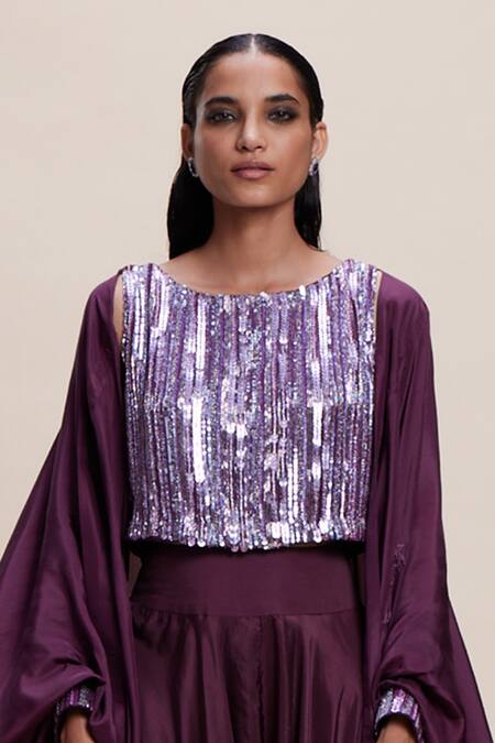 Shop Kangana Trehan Wine Crepe, Silk Sequins Round Neck Draped Dhoti Skirt Set With Cape Online at Aza Fashions Shop_Kangana Trehan_Wine Crepe, Silk Sequins Round Neck Draped Dhoti Skirt Set With Cape _Online_at_Aza_Fashions
