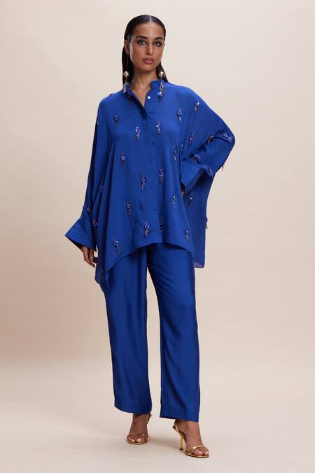 Kangana Trehan Embellished Blue Shirt & Pant Set 